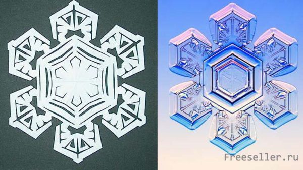 Слева - снежинка из бумаги - справа настоящая снежинка под микроскопом.
