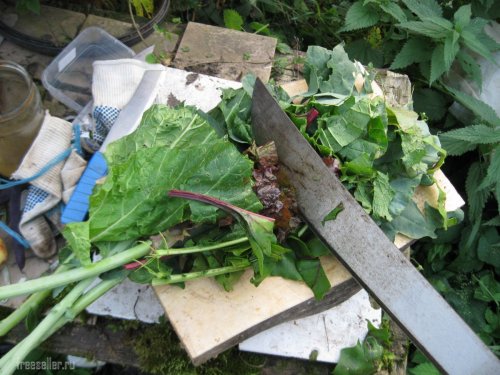 Использование мачете для измельчения листьев и ботвы