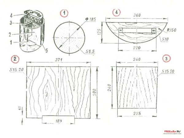 Переоборудование стиральной машины в овощетерку: 1 - активатор, 2 перегородка. 3 - распорный клин, 4 - крышка, 5 - бак стиральной машины