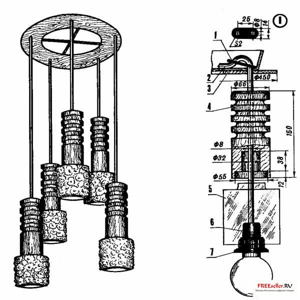 Светильник люстры в сборе: 1 - фиксатор провода, 2 - провод, 3 - потолочный круг-подвеска (фанера толщиной 12 мм), 4 - декоративный «стакан» (деревянная бобышка), 5 - плафон, 6 - патрон, 7 - винтовое кольцо патрона.