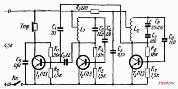 Рис.1. Принципиальная электрическая схема металлоискателя на 3 транзисторах.