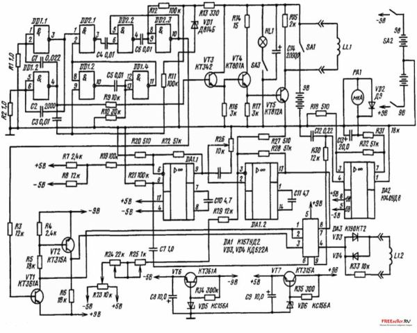 Принципиальная электрическая схема импульсного металлоискателя.