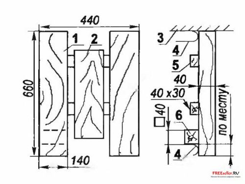 Рис.10. Сиденье: 1 - боковая полка (доска 40х 140, L660,2 шт.); 2 - средняя полка (доска 40x140. L450); 3 - стена; 4 - ванна; 5 - перемычка (брусок 30x40, L440,2 шт.); 6 - боковой упор (брусок 40x40. L14