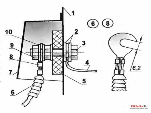 Рис.6. Силовая колодка: 1 -корпус; 2 - шайбы (сталь s2,4 шт.); 3 - болт Мбх30(2 шт.); 4 - нагреватель (нихром, проволока диаметром1,5); 5 - плата (ацеид s10); 6 - изолятор (керамические бусы); 7 - кожух (оцинкованная жесть s0,8); 8 - клемма (медь, латунь s 0,8 2 шт ); 9 - крепление клеммы (гайка М6, 4 шт.); 10 - шайба (медь s 1,5-2 6 шт )
