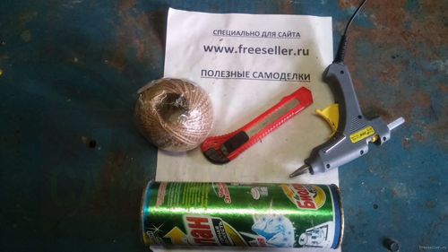 Материалы и инструменты для изготовления вазы из банки от чистящего средства